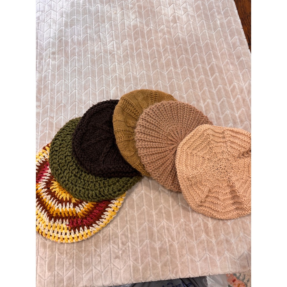 Lot of 6 Knit Crochet Berets Slouchy Beanie Hats Artist Neutral Earth Tones Boho